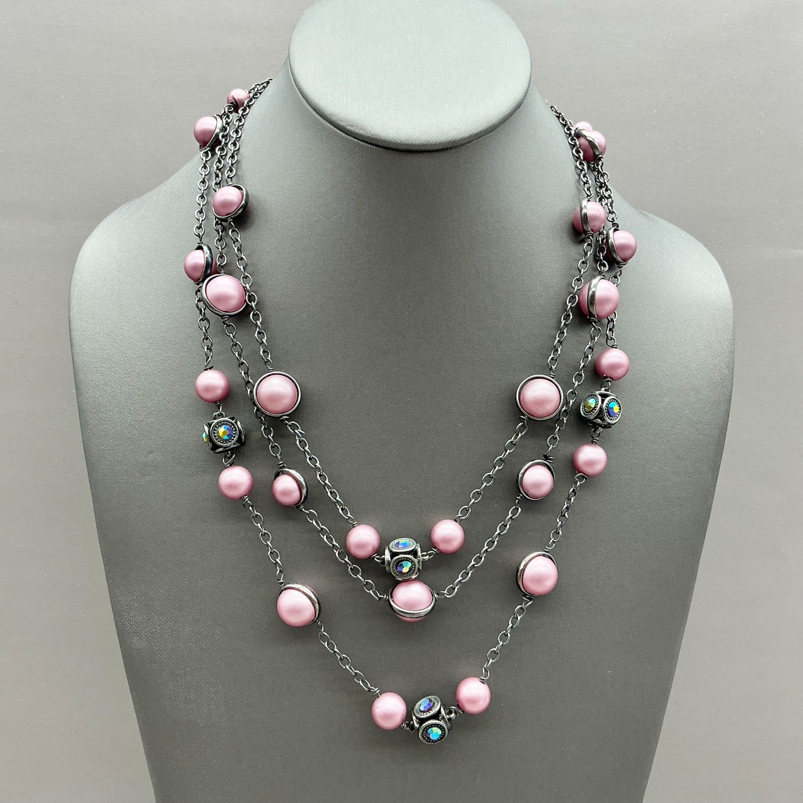 Coldwater Creek Necklace Pink Faux Pearl Gunmetal Layered Beaded 20-23 In