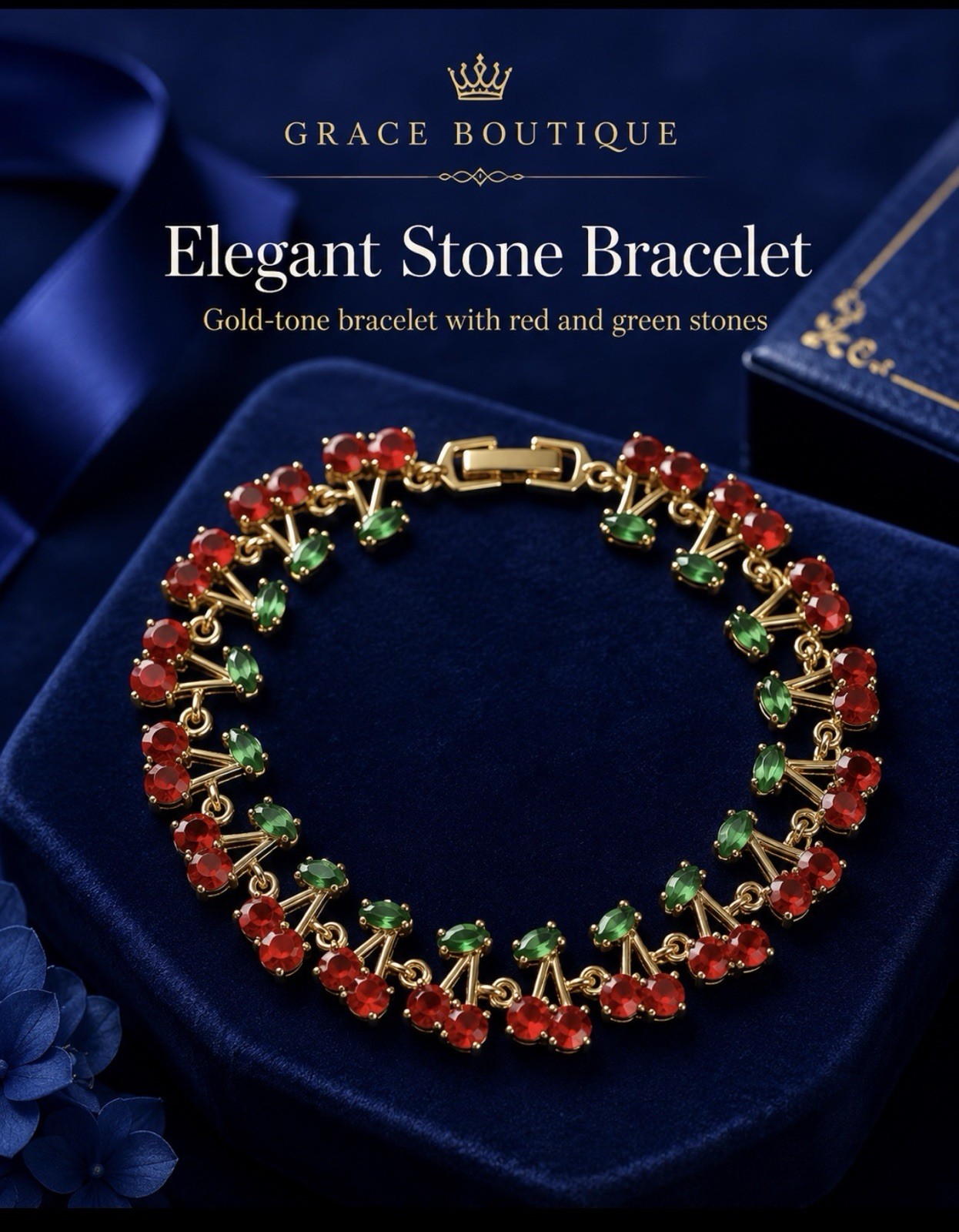 Grace Boutique Gold Tone Link Tennis Bracelet Box Closure Red Green Stones