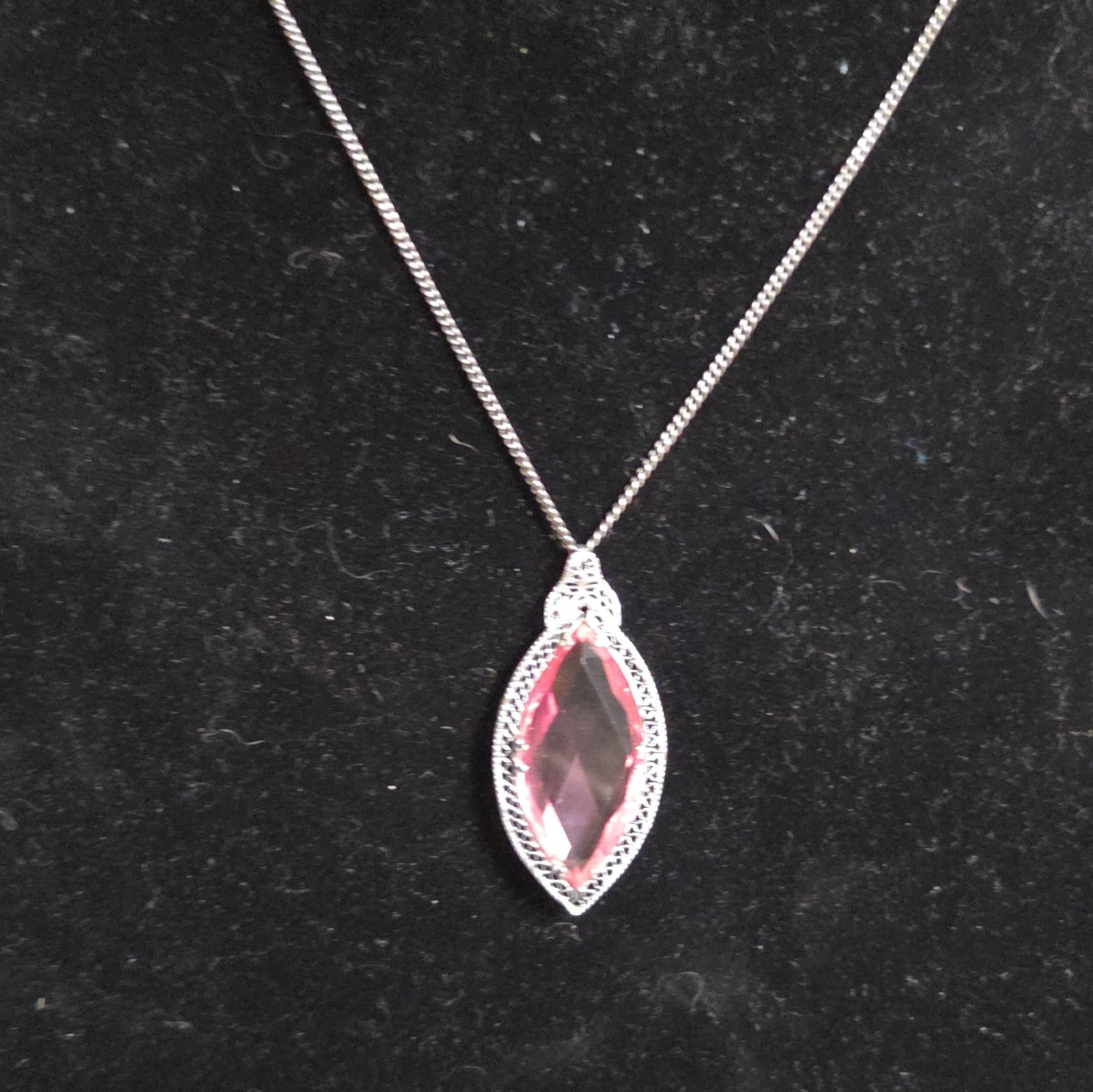 Silver Tone Box Chain Necklace Pink Marquise Crystal Pendant Bezel Lobster