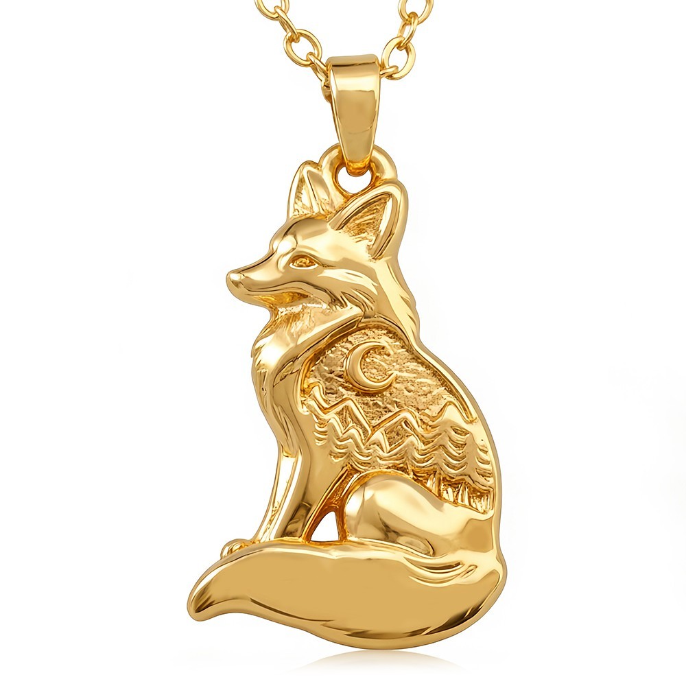 Fox Pendant Necklace Forest Night Moon Nature Mountain Charm 14K Gold Unique