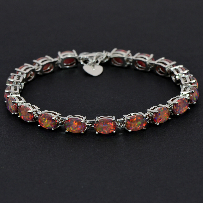 Vikoly Blue/White/Orange/Pink Oval 925 Sterling Sliver Fire Opal Bracelet 18cm