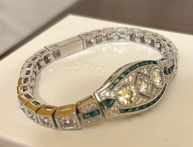 Silver Tone Emerald Green CZ And Diamond CZ Art Deco Inspired Bracelet NWT