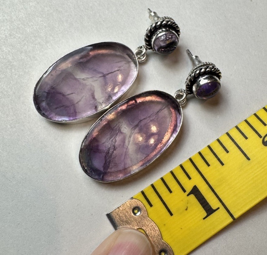 Fluorite Purple Earrings Silverplated Dangle Drop Pair Clear Fluorite Colorful