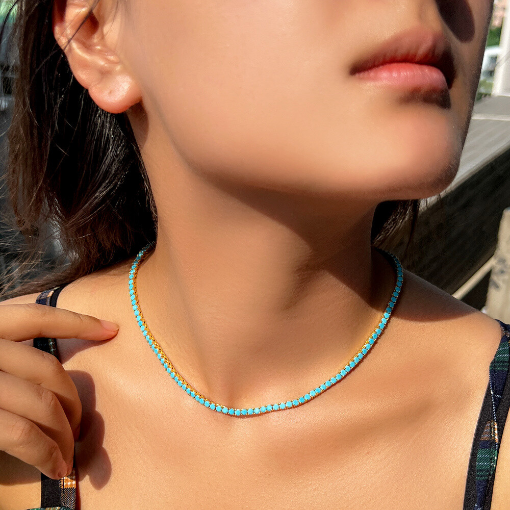 Gold Plated Blue Turquoise Tennis Necklace Cubic Zirconia Women Wedding Jewelry