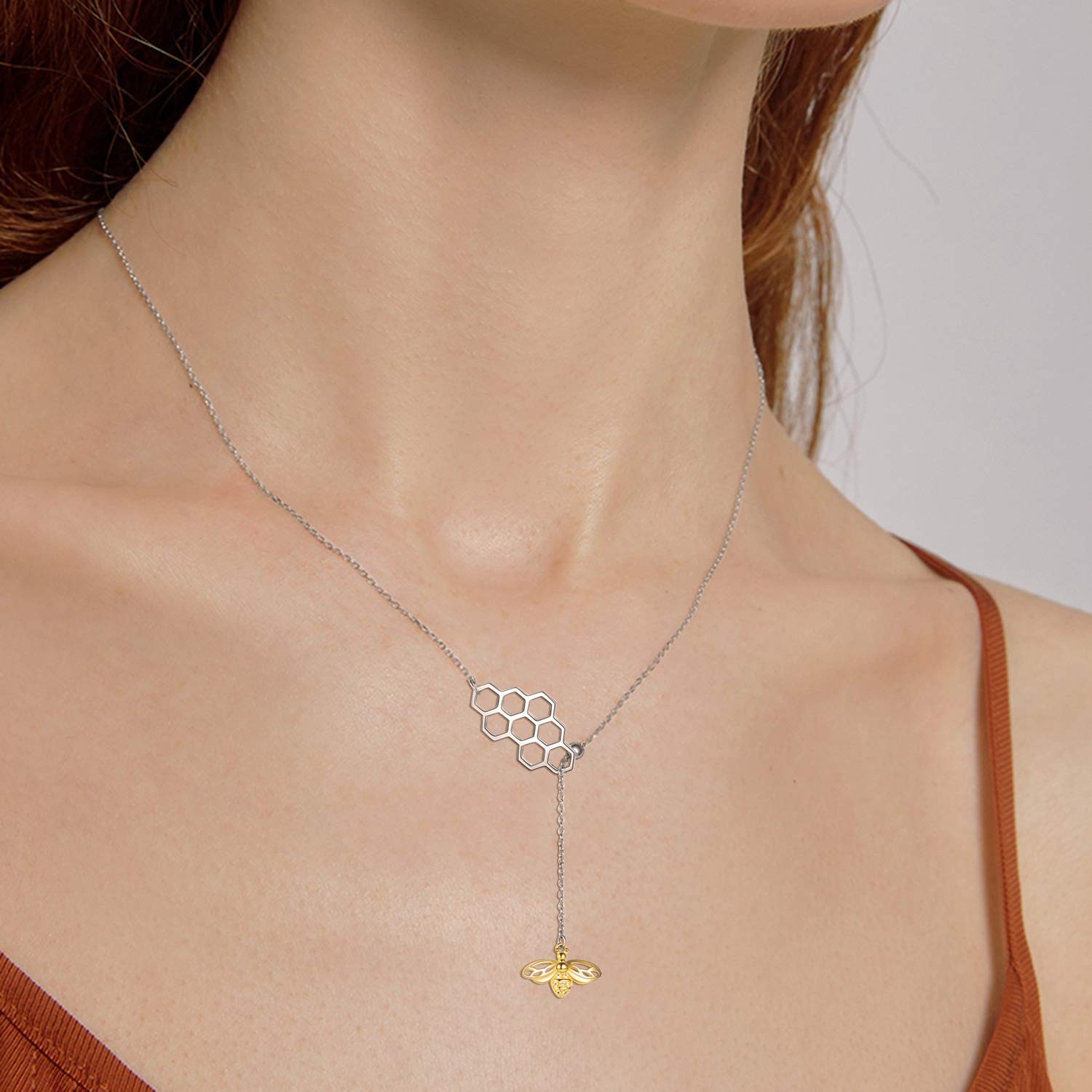 Sterling Silver Gold Plated Bee YNecklace, Honeycomb & Bumble Bee Gift for Her