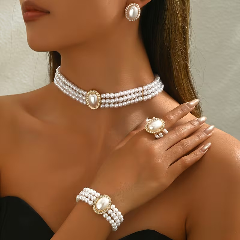 White Pearl Jewellery Set Necklace Bracelet Earrings Bridal Wedding Women Gift