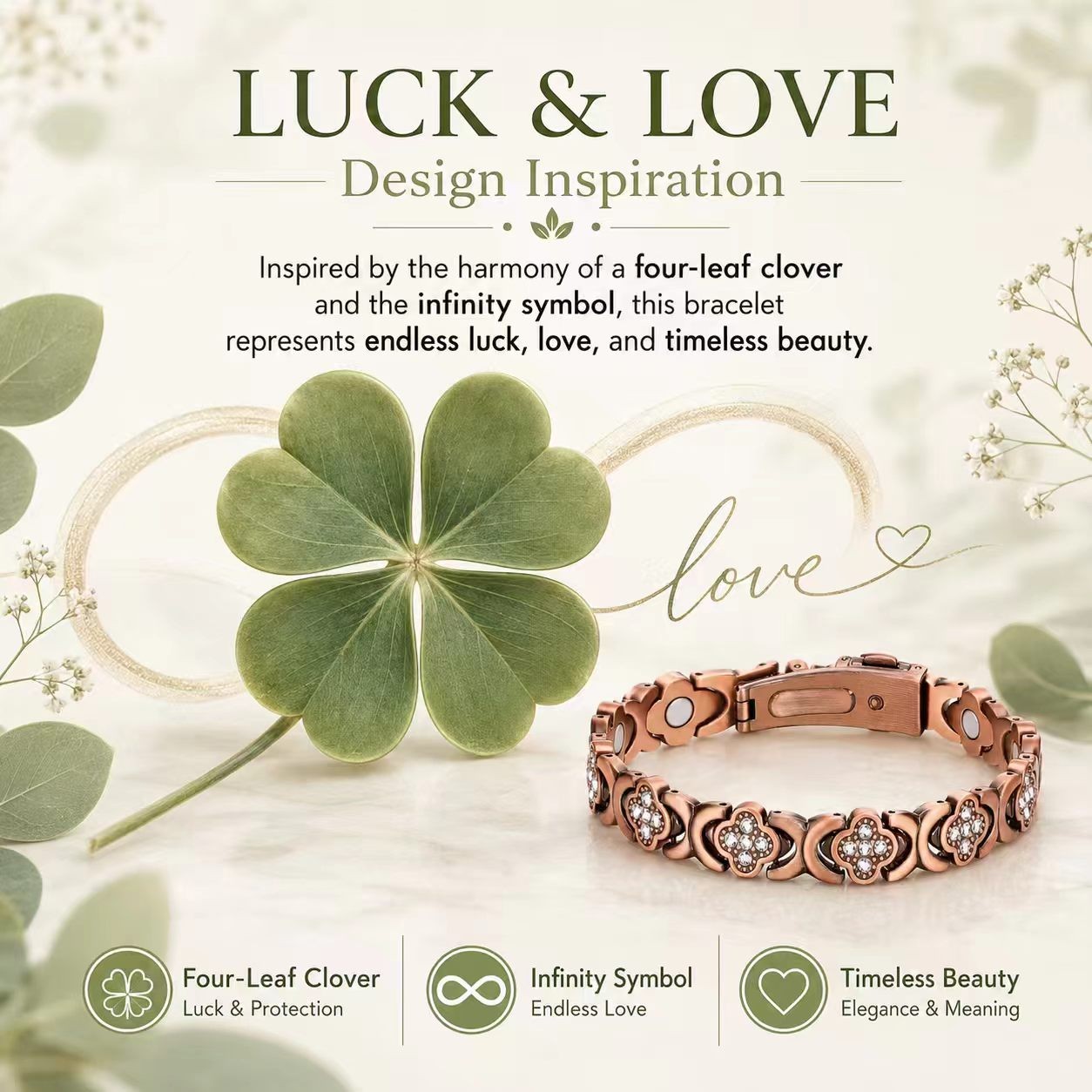 3800 Gauss Pure Copper Mag Bracelet Women,Infinity Clover,Pain Relief,Gift