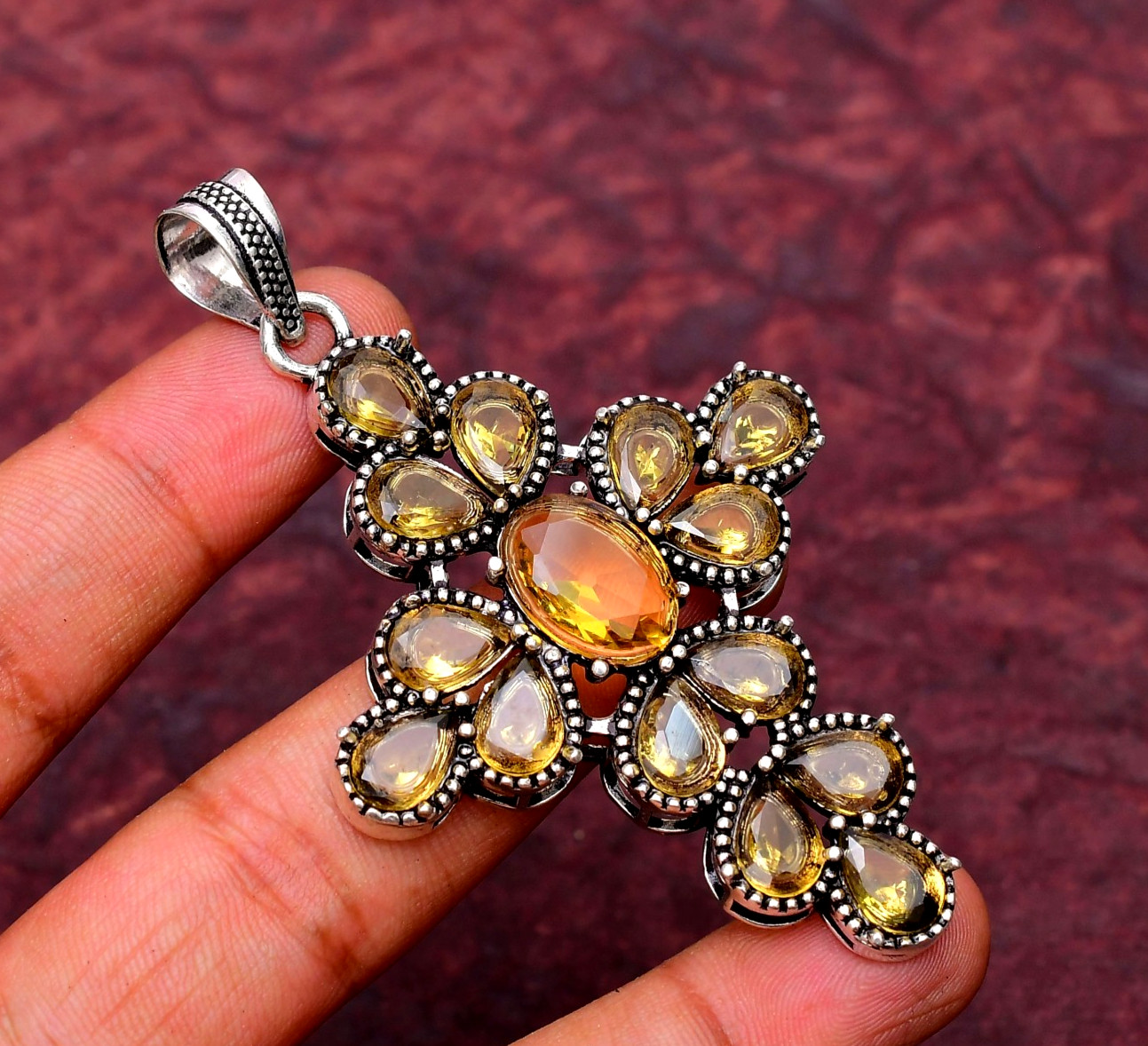 Citrine Gemstone 925 sterling silver Handmade Cross Pendant jewelry 2.75″