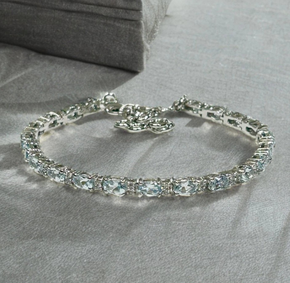 925 Sterling Silver Aquamarine Oval 3×5 mm CZ Zirconia Tennis Bracelet- 7.5 in.