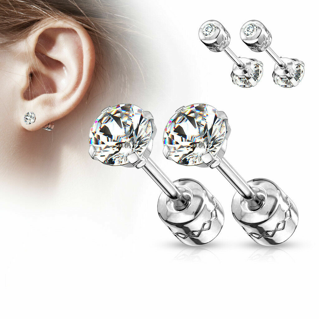 PAIR Silver Prong Set Black CZ Stud Earrings Screw Back Surgical Steel Gift PE30