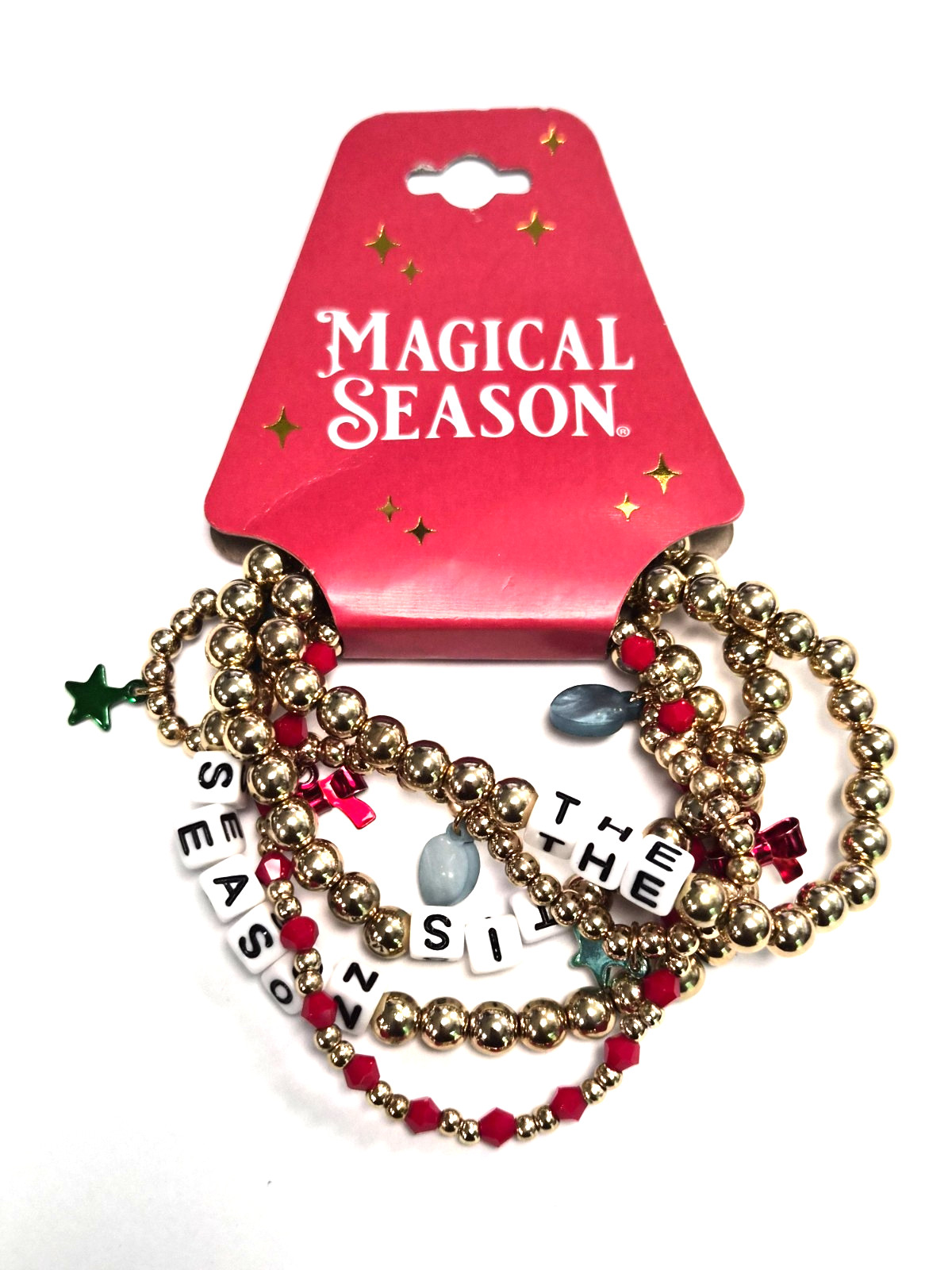 NOS Estate 5 Christmas Holiday Plastic Beaded ” TIS THE SEASON ” 6.5″ Bracelet