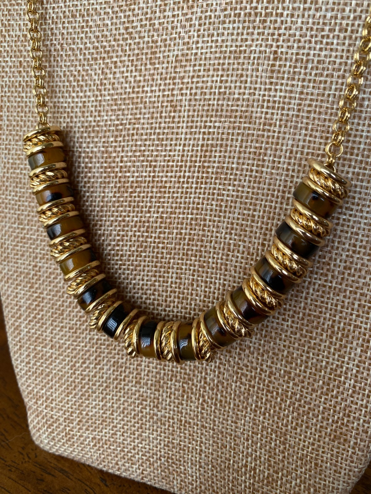 Talbots Tortoise Disc Necklace Gold Tone Rolo Link Chain Smooth & Rope Beads