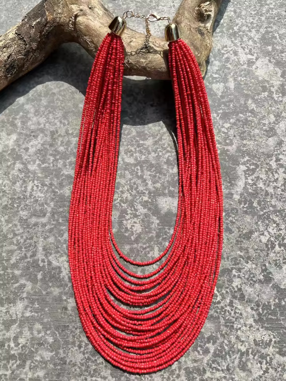 Multi Layer Red Beaded Bib Choker Necklace Chunky Boho Chic Statement Jewelry
