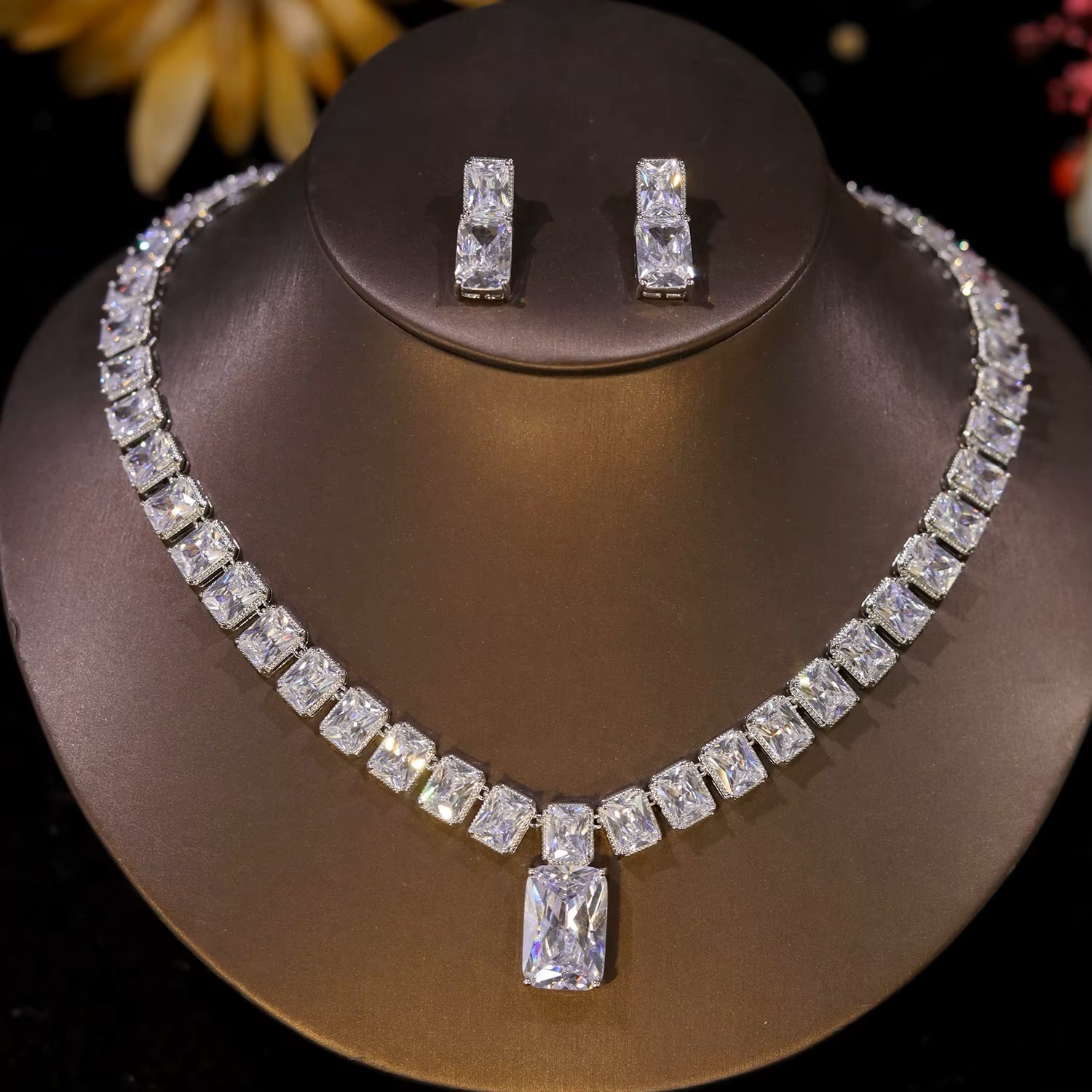 2sets Bridal Jewelry Wedding Party Cubic Zirconia Crystal Necklace Prom Birthday