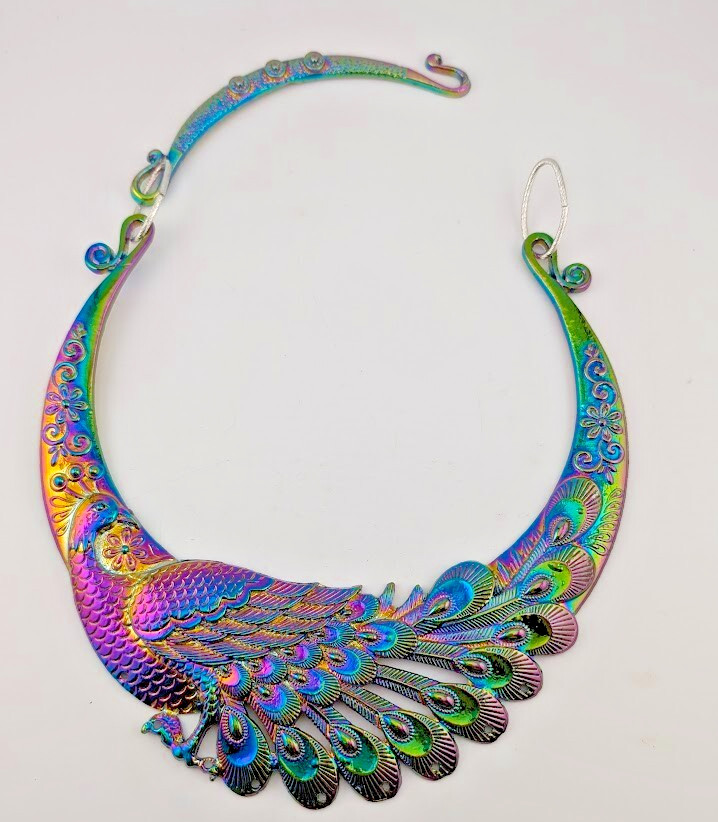 RAINBOW METAL PHOENIX CHOKER Asian Chinese 90s peacock hmong collar necklace Y4