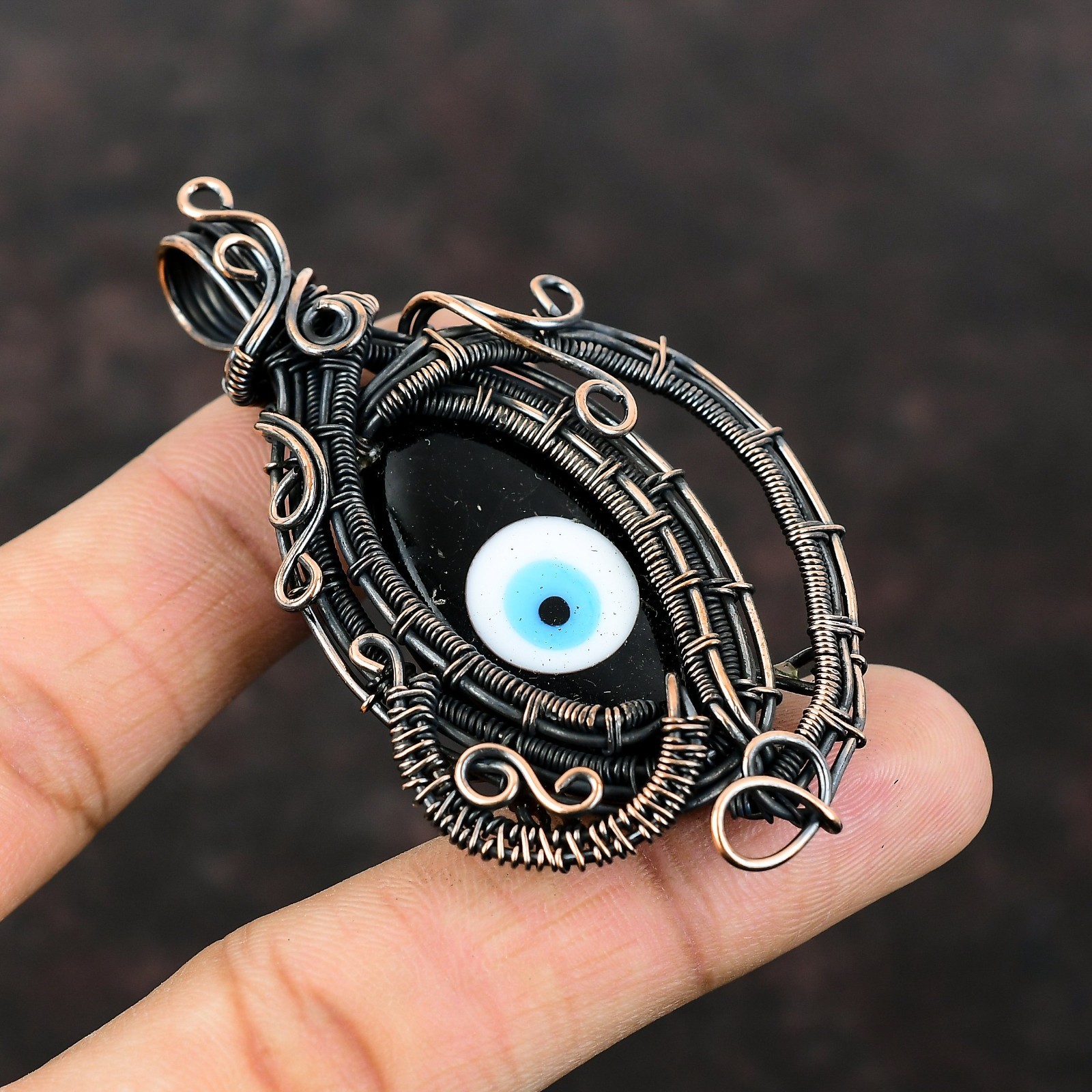 Black Color Evil Eye Gemstone Elegant Wire Wrapped Sister Pendant Jewelry Copper