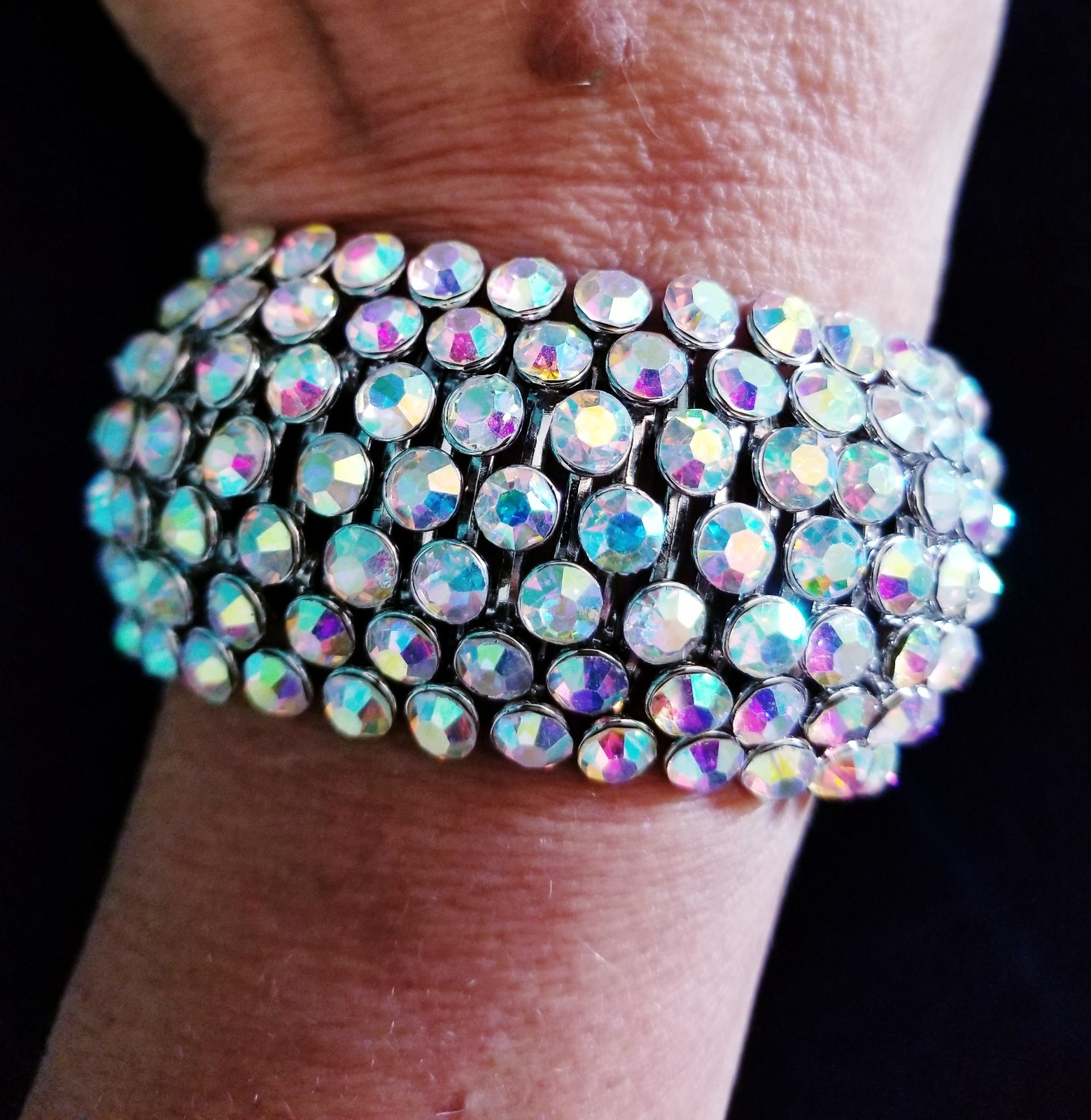 Iridescent Silver Rhinestone Stretch Bracelet Crystal Pageant Prom Drag Jewelry