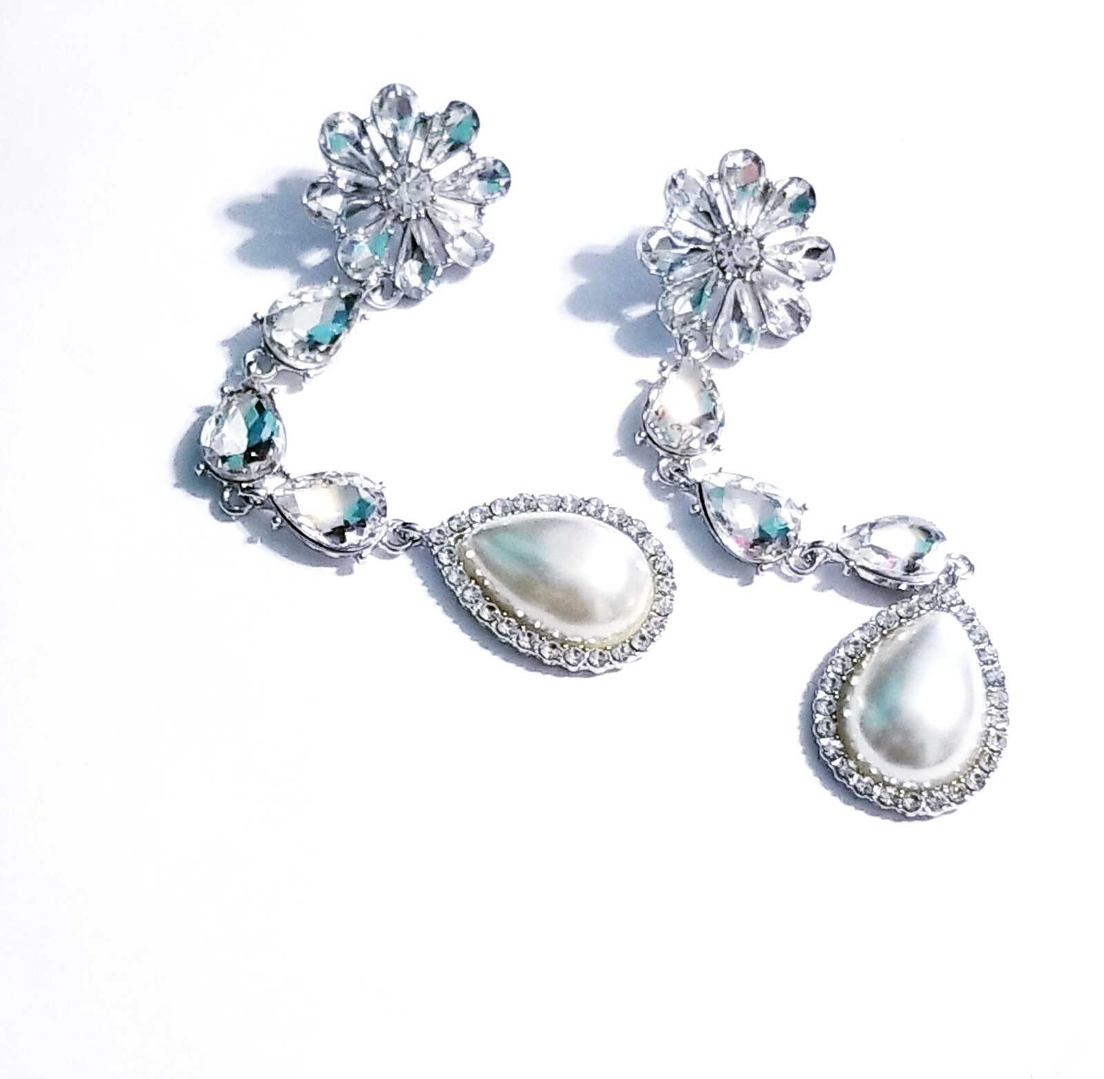 Created Pearl Dangle Chandelier Earrings 4.7 inch Clear Rhinestone Pageant Prom