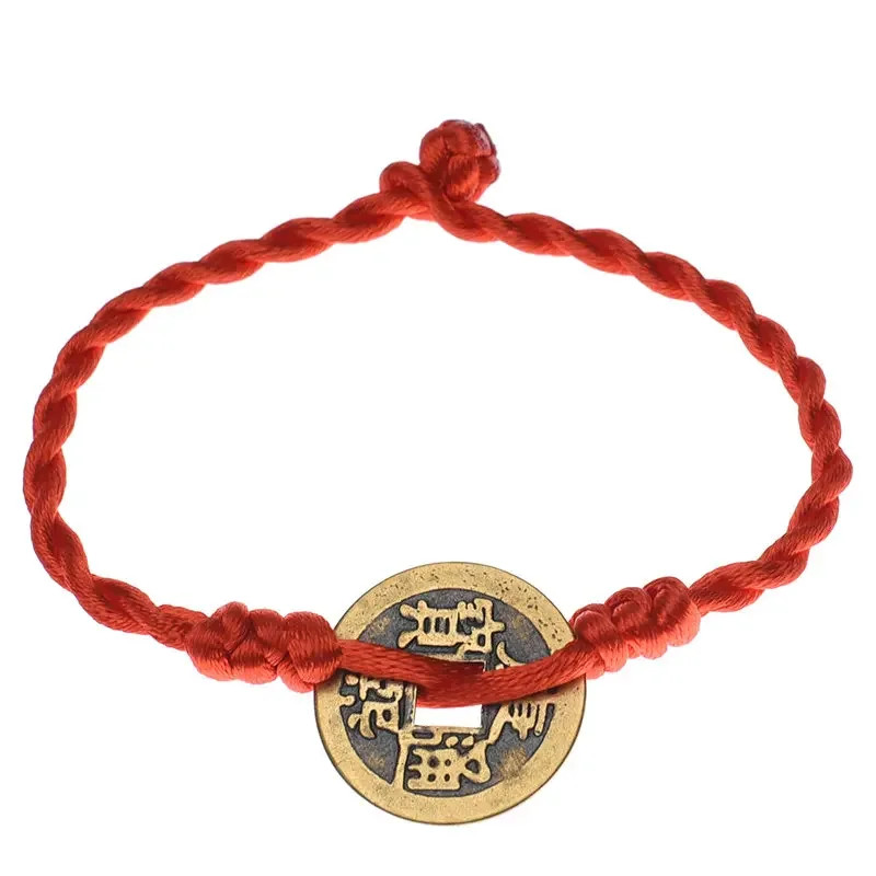 Lucky Five Emperor Money Real Copper Coin Braided Red Rope Bracelet Good Luck