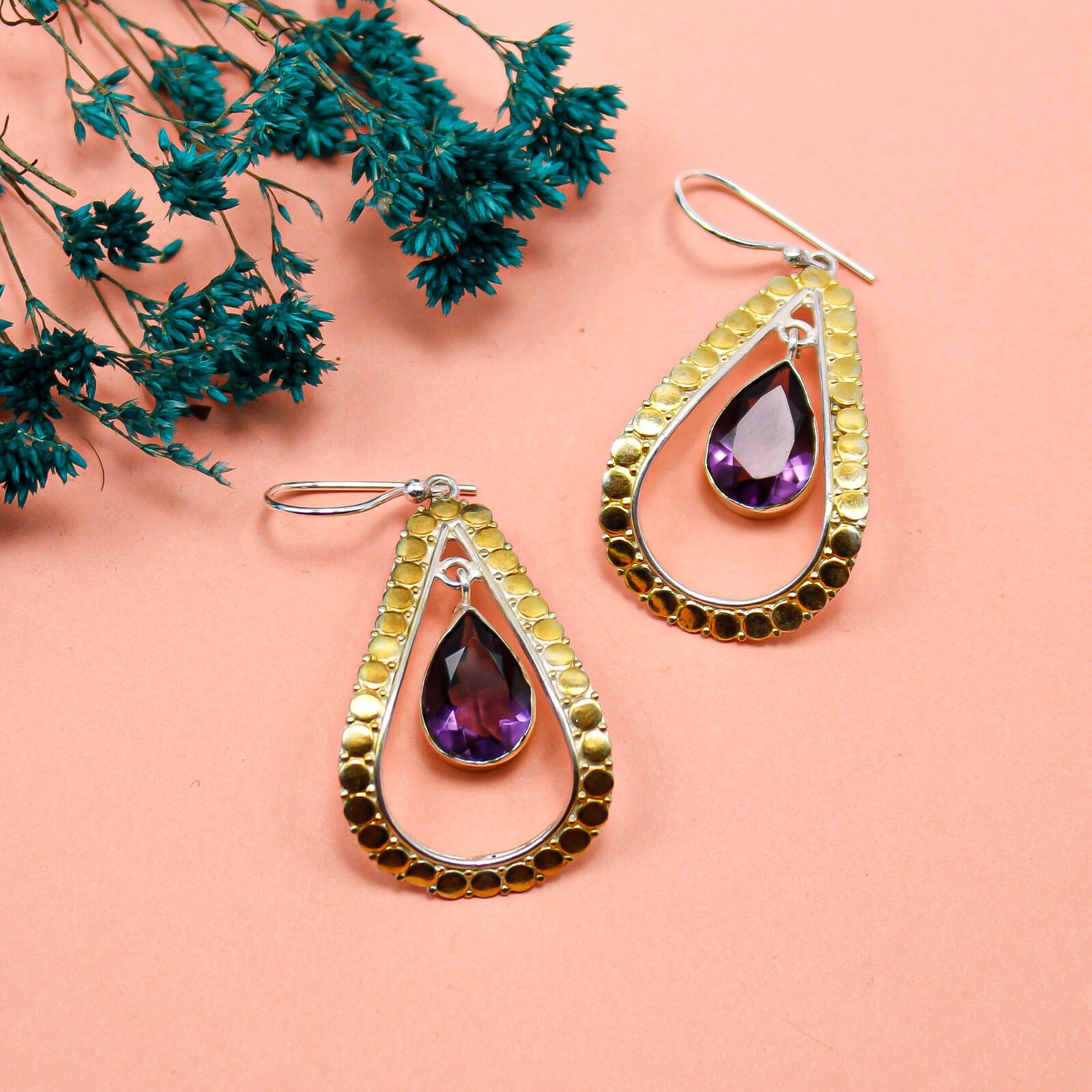 African Amethyst Jewelry Yellow Gold Drop/Dangle Earrings For Women 2.27″