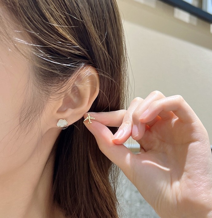 Trendy Gold Airplane Aircraft Plane White Cloud Shell Mismatch Stud Earrings