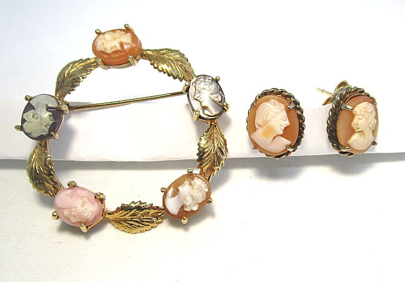 Gold Filled Five Cameo Circle Pin and Cameo Pierced Earrings 9.4 grams
