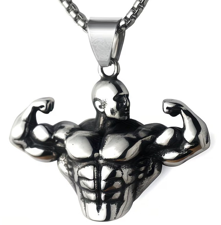 Bodybuilder Charm Pendant Necklace Stainless Steel Box Chain 23.62in Fitness