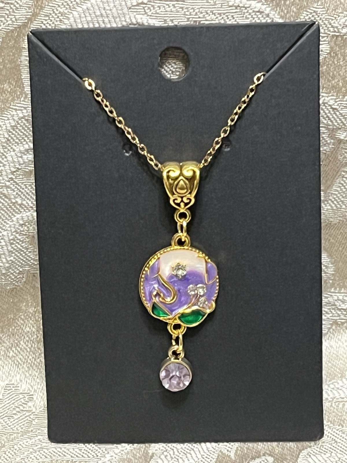 Retro Floral Gem Enamel Pendant Gold 18” Necklace Bohemian Floral Novelty