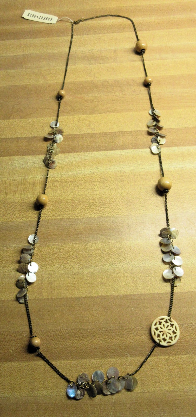 NEW ROBERT ROSE Bronze tone metal 39″ brown off white tan chunky bead Necklace