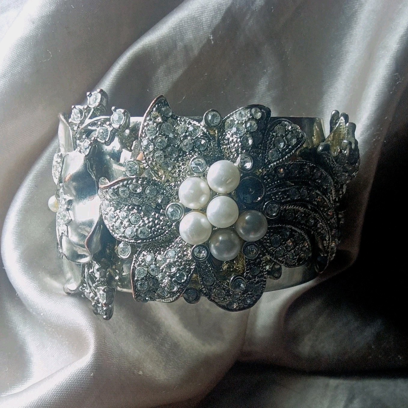 Silver Tone Wide Floral Cuff Bracelet w/ Clear Rhinestones & Faux Pearls