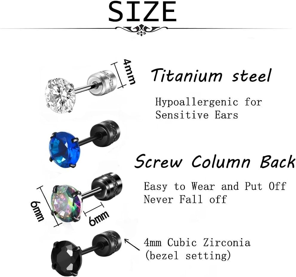 SIISPRI 4 Pairs Titanium Screw Back Surgical Stainless Steel Stud Earrings