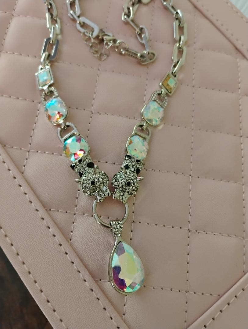 White Mystic Color Glass, Austrian Crystal Enameled Necklace