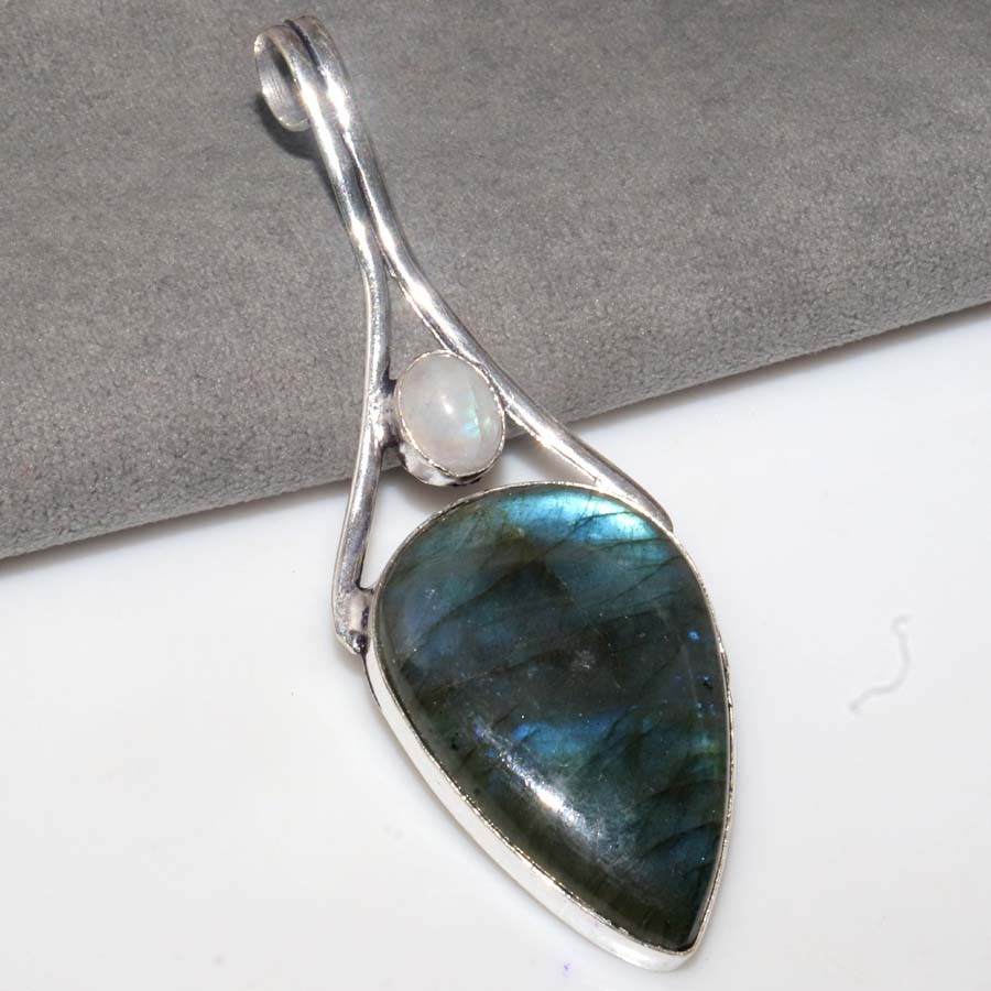 Large Fiery Labradorite Rainbow Moonstone 925 Silver Plated Pendant 3″ Trendy GW