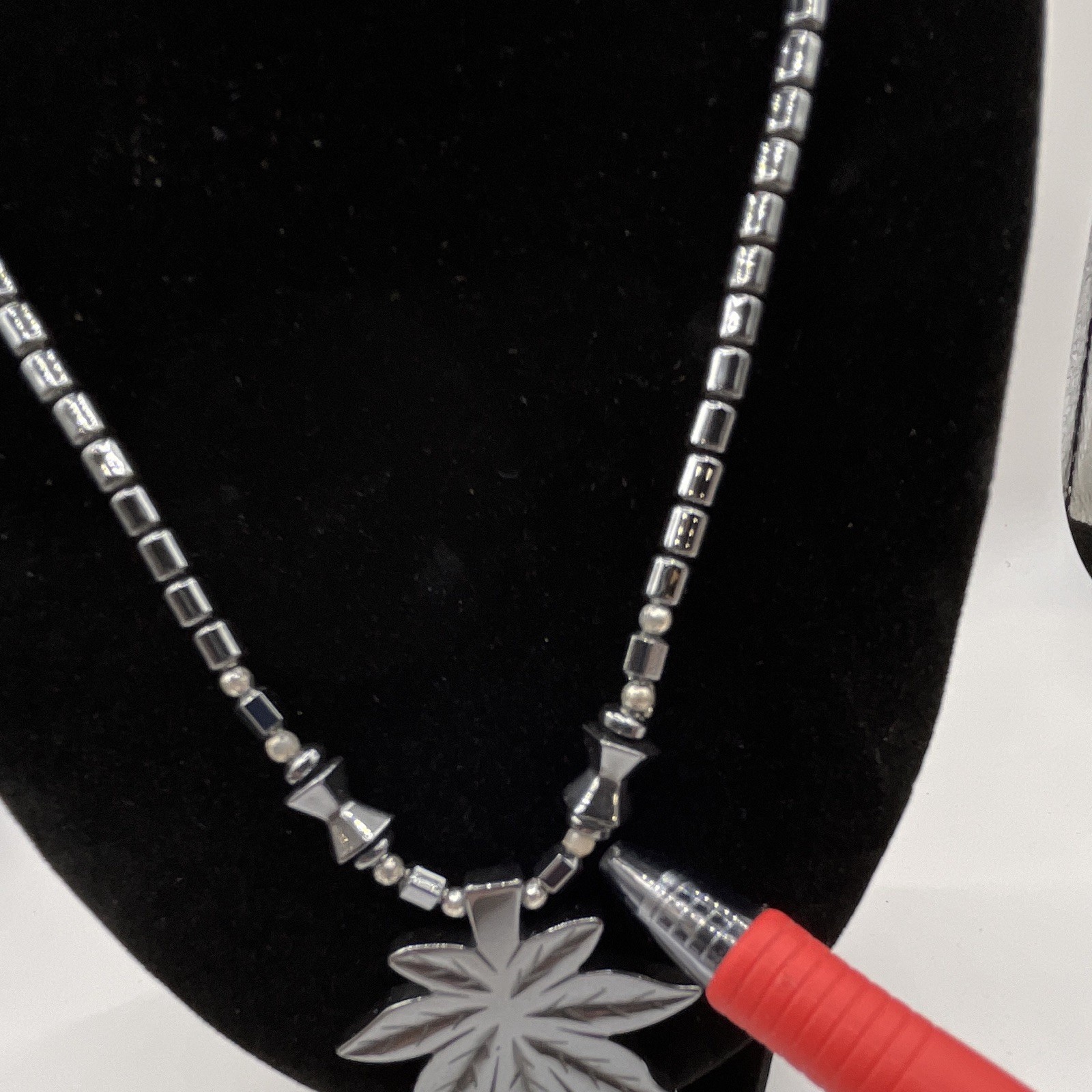 Hematite Beaded Box Chain Necklace Silver Tone Gray Square Stone Leaf Charm