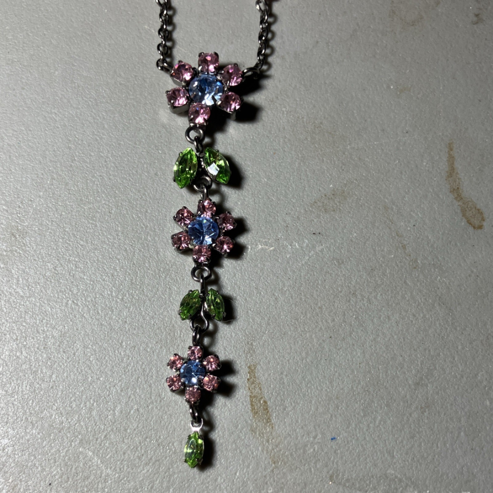Silver Pink Blue Green Flower Pendant Necklace Cable Chain Lobster