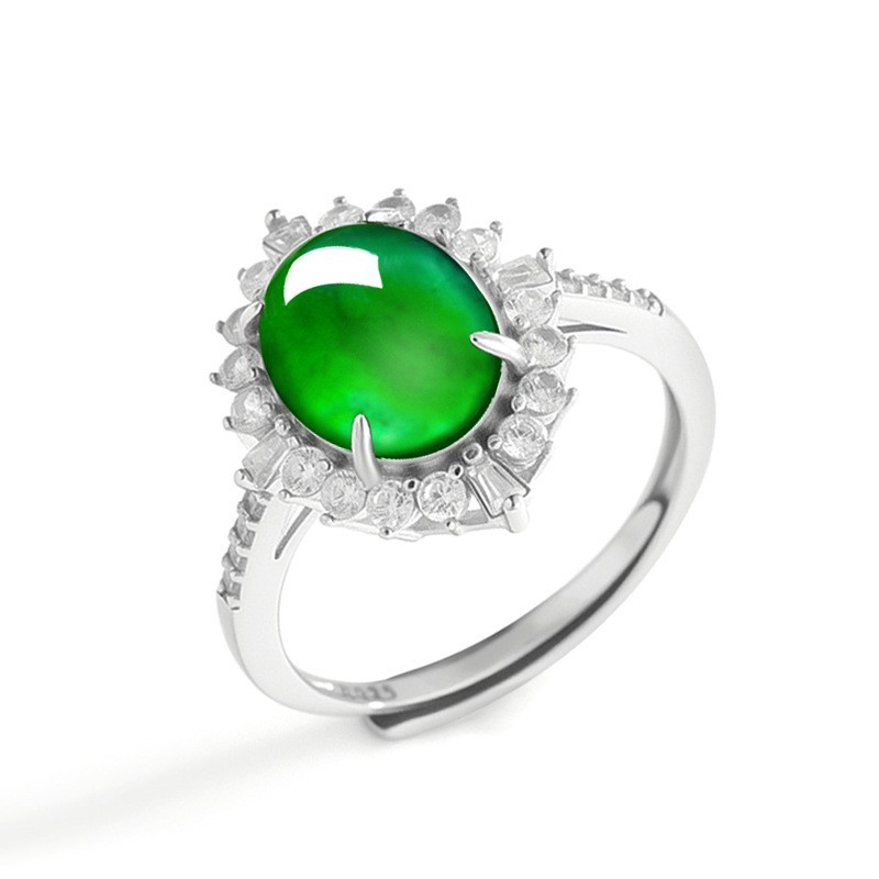 Adjustable S925 Emerald Green Jade Large Cabochon Ring Jewelry With Certificate