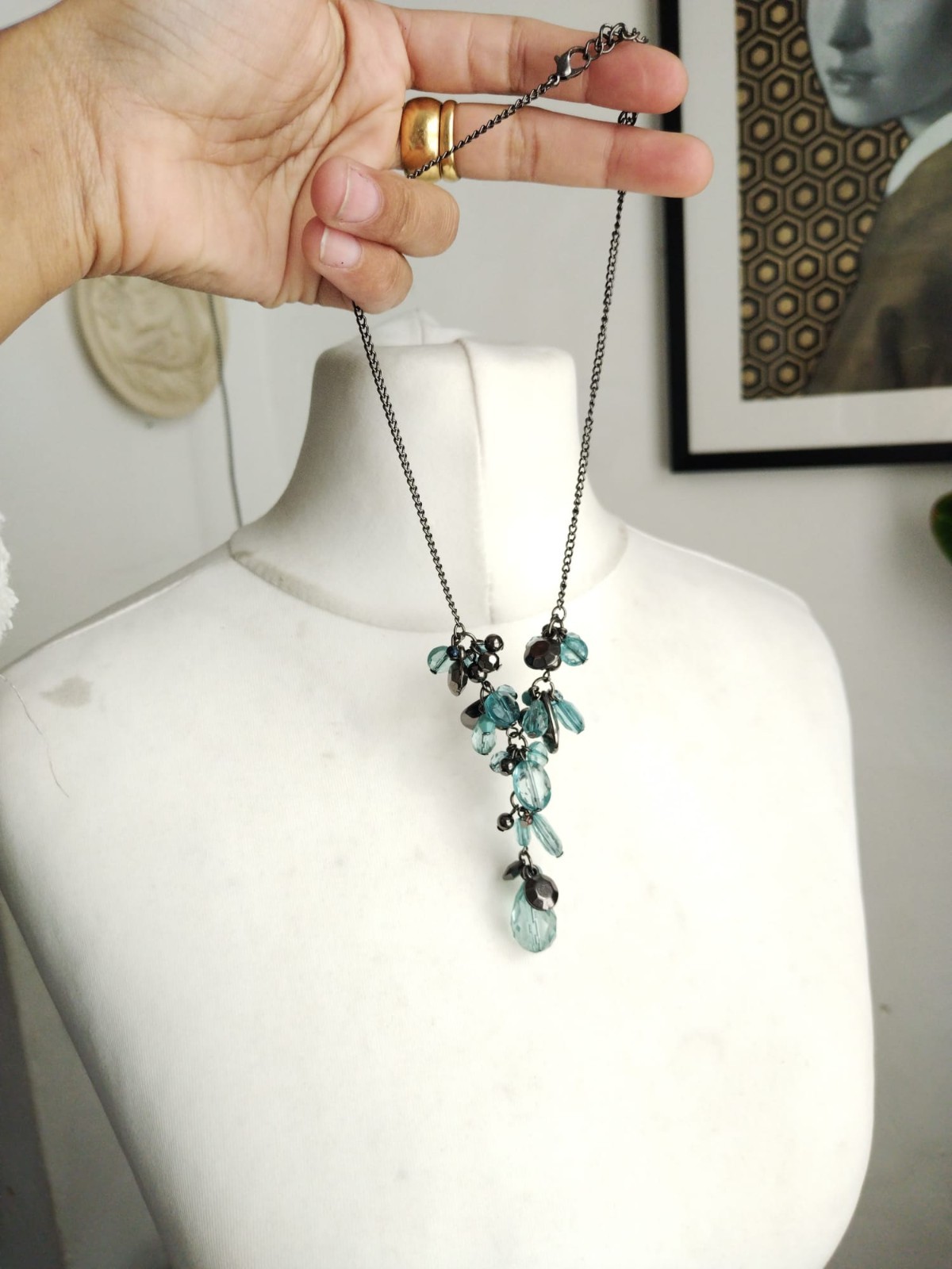 Y Drop Dark Metal Chain short Necklace, Teal, Gunmetal Mixed shapes Beads