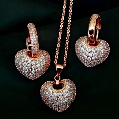 18k Rose Gold Plated 3D Heart Pendant Necklace Earrings made Simulated Diamond