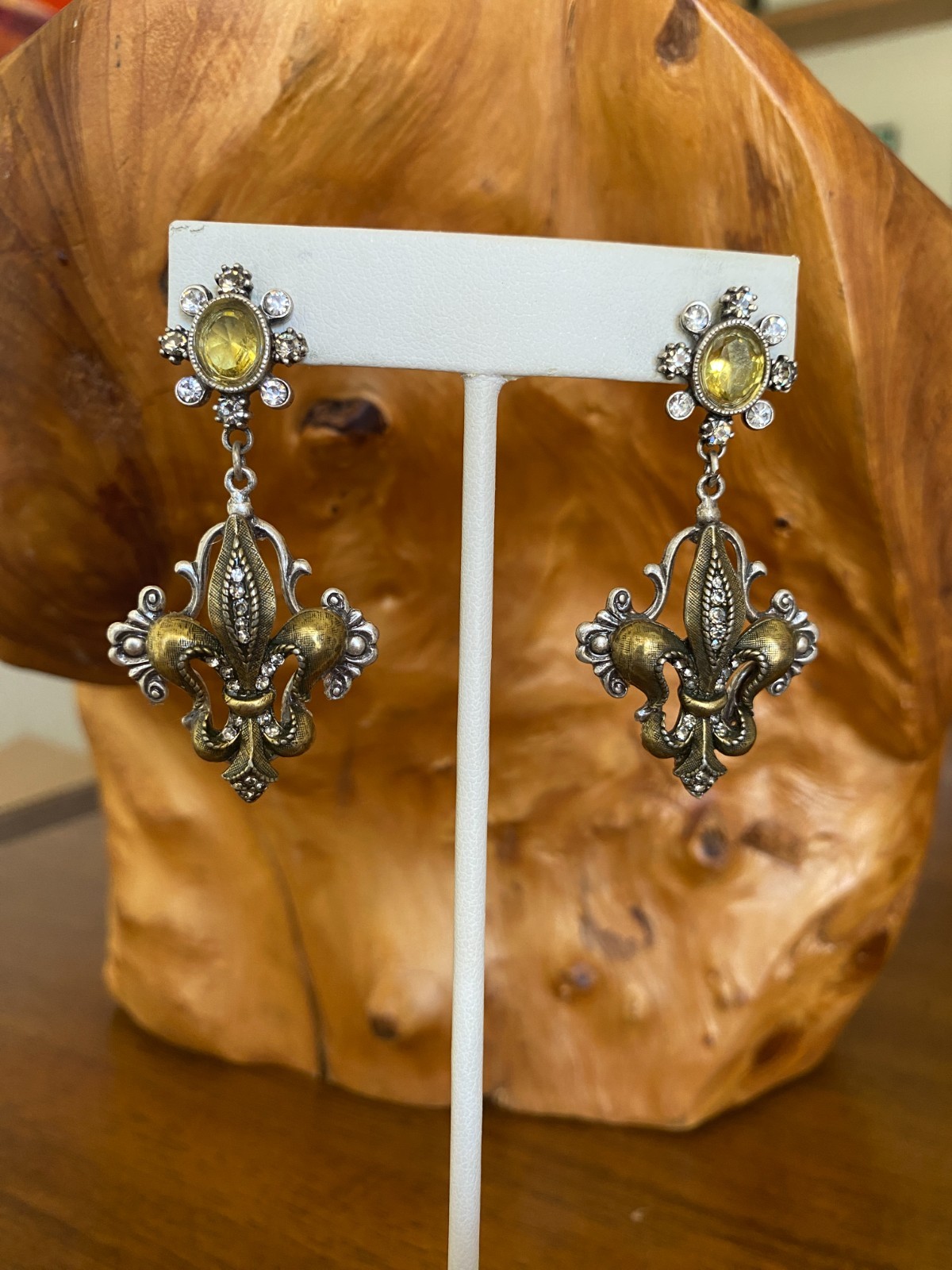 Sweet Romance French Fleur De Lis Earrings Burnished Silver & Bronze & Crystals