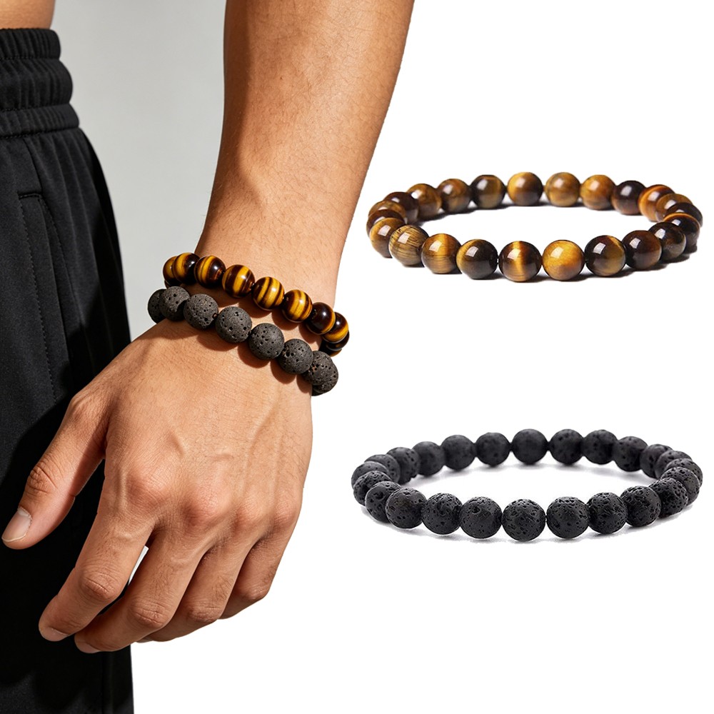 4PCS Men Bracelet Classic Lava Rock Tiger Eye Gem Stone Beaded Healing Boyfriend