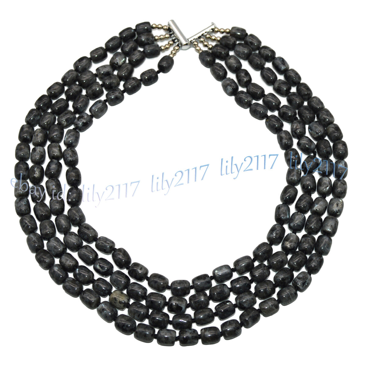 4 Rows 9x11mm Natural Black Gray Labradorite Gems Barrel Beads Necklace 17-20”