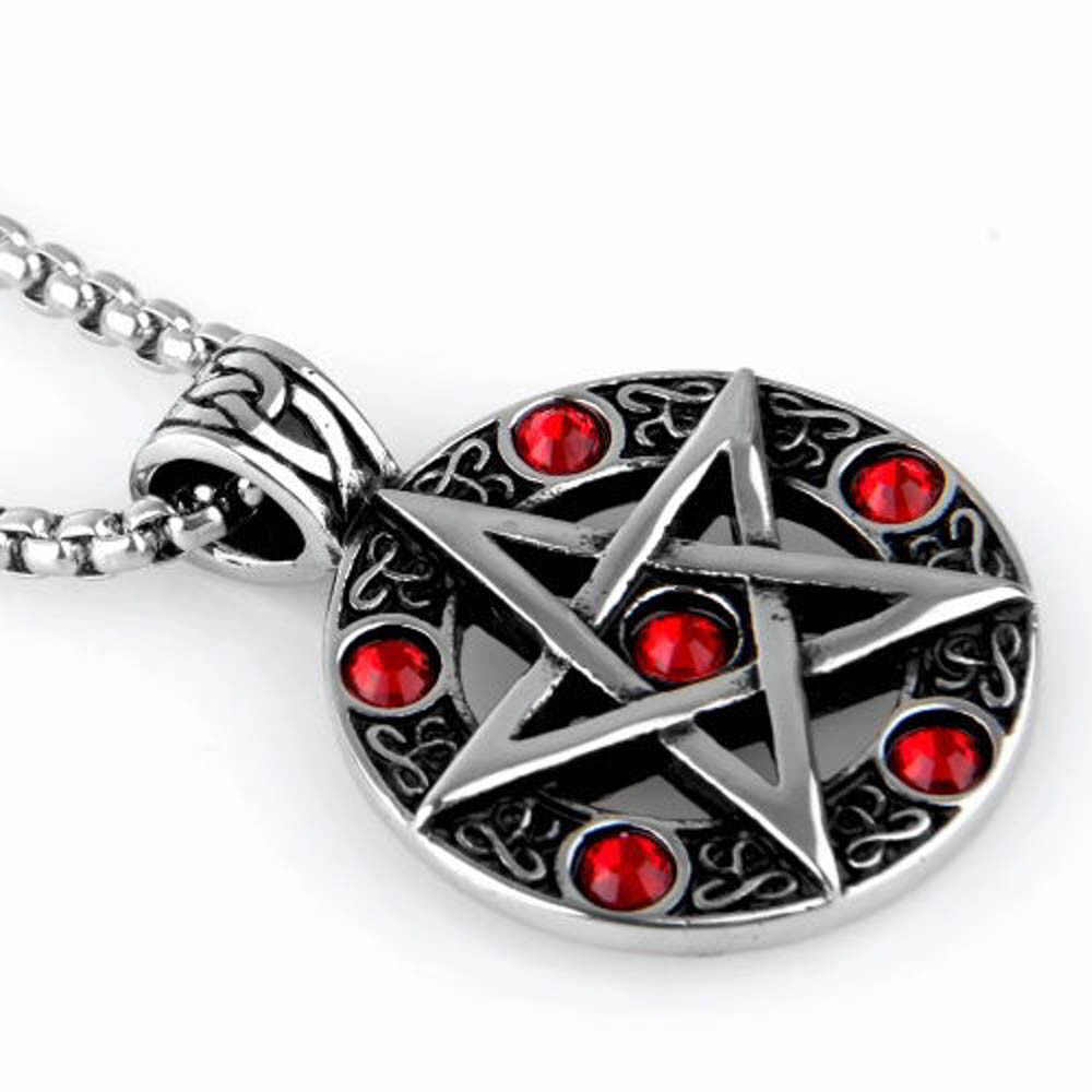 Pentagram Pentacle Star Blue Red Black Rhinestone Pendant Necklace 24″ Box Chain