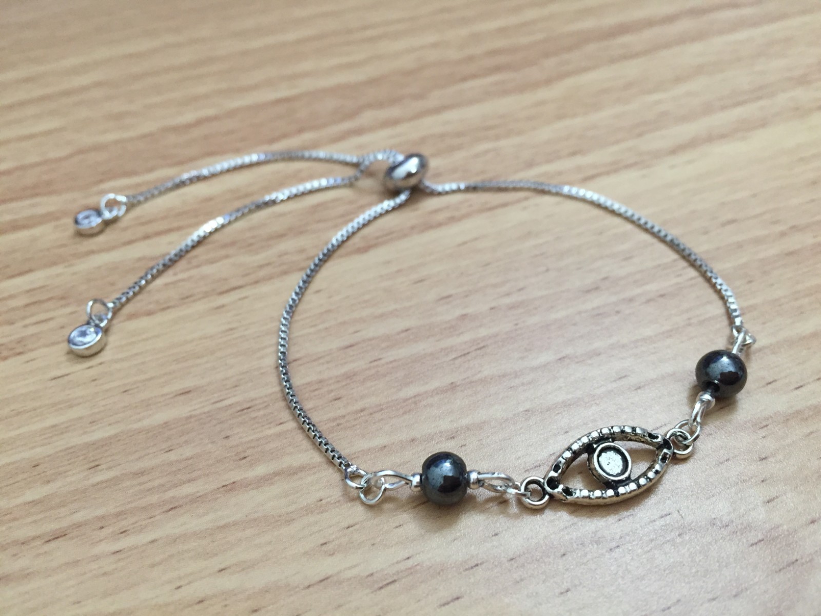 Delicate and Dainty Silver Chain Women Bolo Bracelet w/ Gray Hematite – Evil Eye
