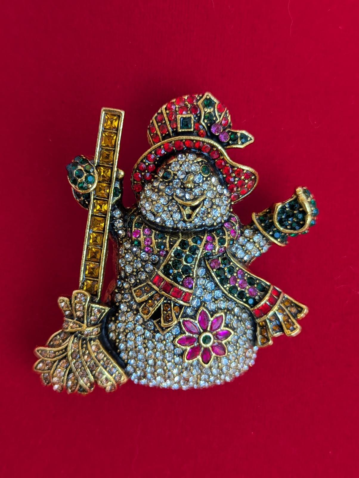 Multicolor Rhinestone Crystal Snowman with Broom 2 1/2″ x 2 1/4″ Brooch Pin