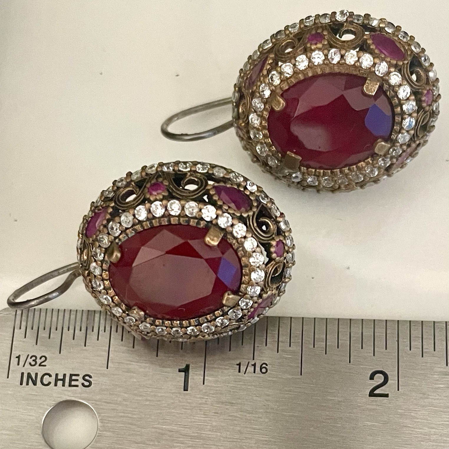Vintage Red Rube Rhinestone Statement Earrings Silver & Gold Tone Filigree Oval