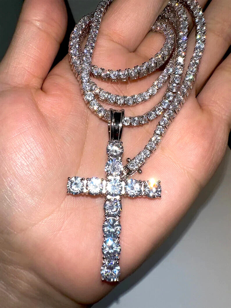 Eye-Clean White Cubic Zircon Cross Necklace 20 Inch 925 Sterling Silver Jewelry