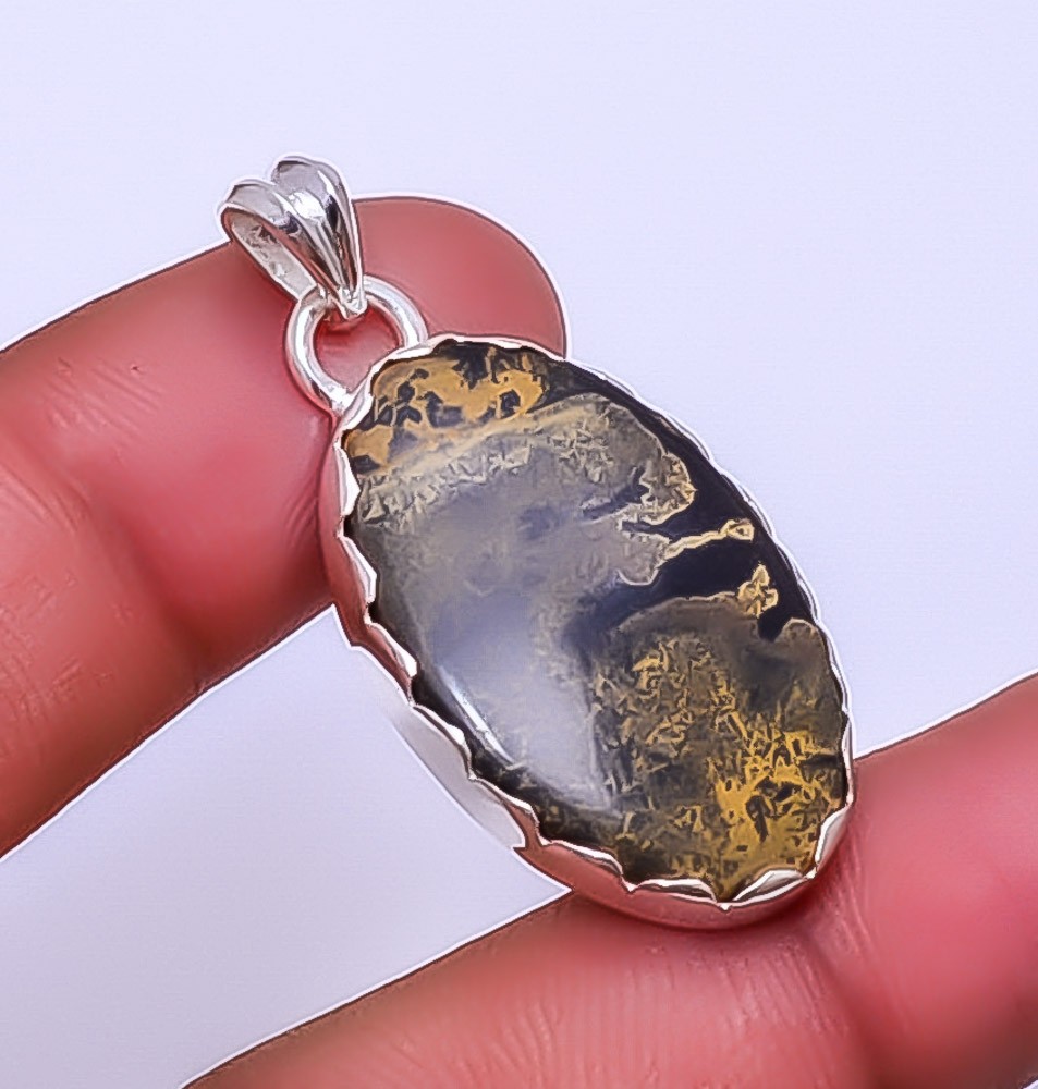 Honey Dendritic Opal – Mexico 925 Sterling Silver Pendant 1.64″ P26 Gift for her