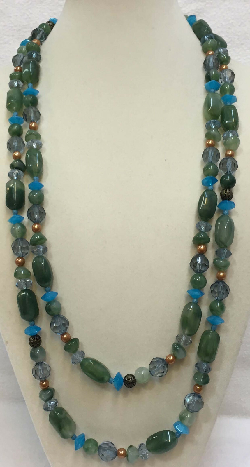 Necklace Jade Like Plastic Beads Green Stone Blue Faceted Long Strand String 60″