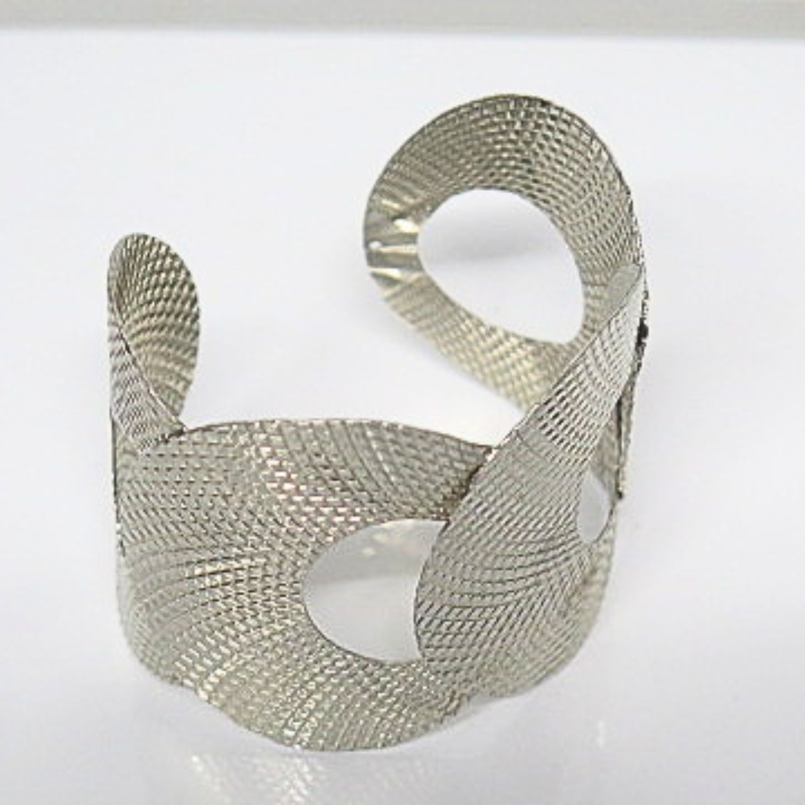 Silver Tone Mesh Cuff Bracelet Wide Open Crossover Statement Bangle One Size