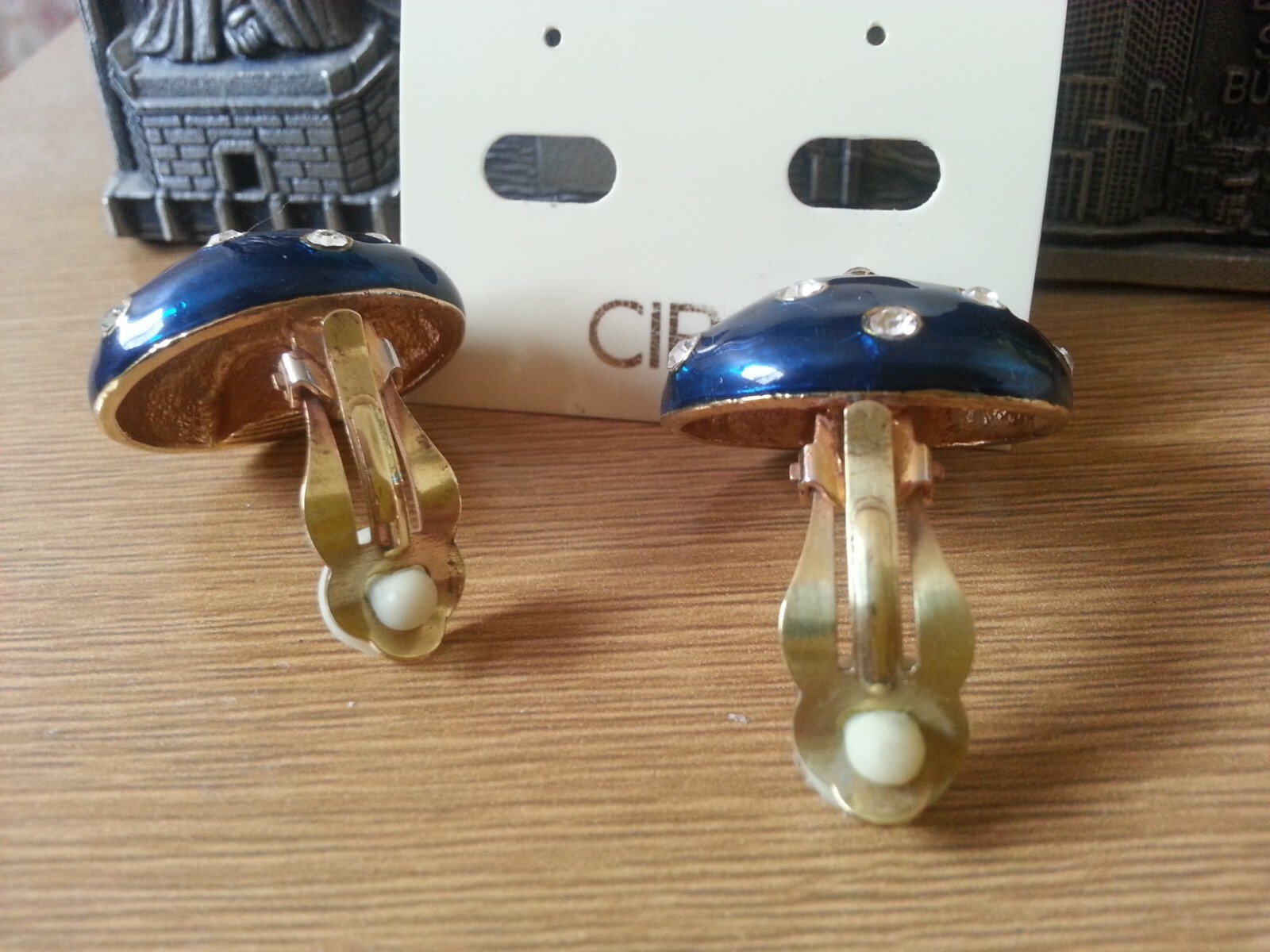 “Ciro” Dome Shape Navy Enamel Set With Crystals Gold Plated Clip Earrings